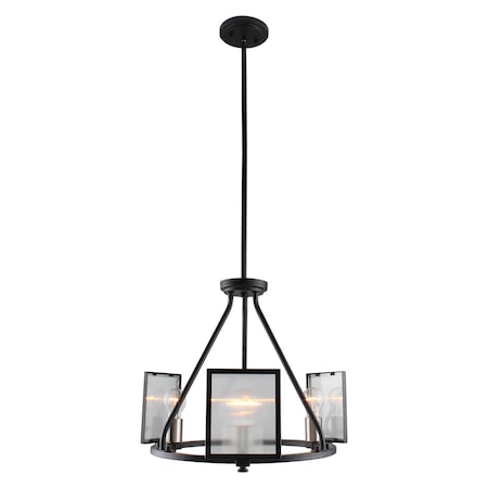 3 Lights Chandelier W Black & Brushed Nickel Finish W/ Reeded Glass